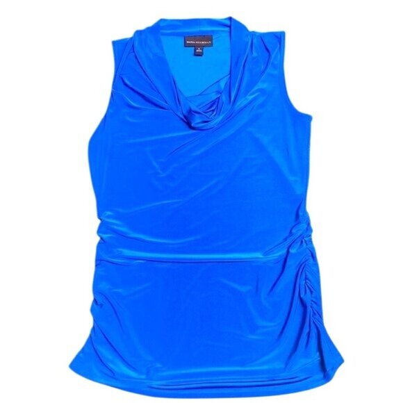 Dana Buchman Size S Blue Sleeveless Cowl Neck Ruched Knit Blouse Careercore Chic - Picture 8 of 8